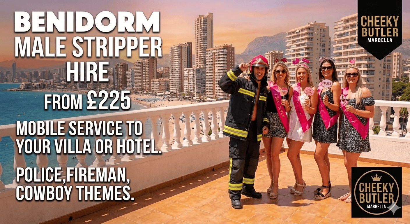 "Fun male stripper in fireman costume entertaining a hen party group poolside at a private villa in Benidorm, Costa Blanca. The women are laughing and taking photos in the sun