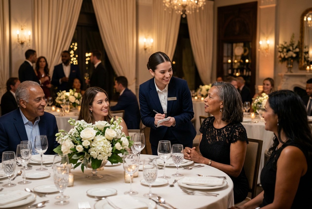 Guests and event staff interacting warmly at a private event in an elegant venue with decorated tables and ambient lighting.