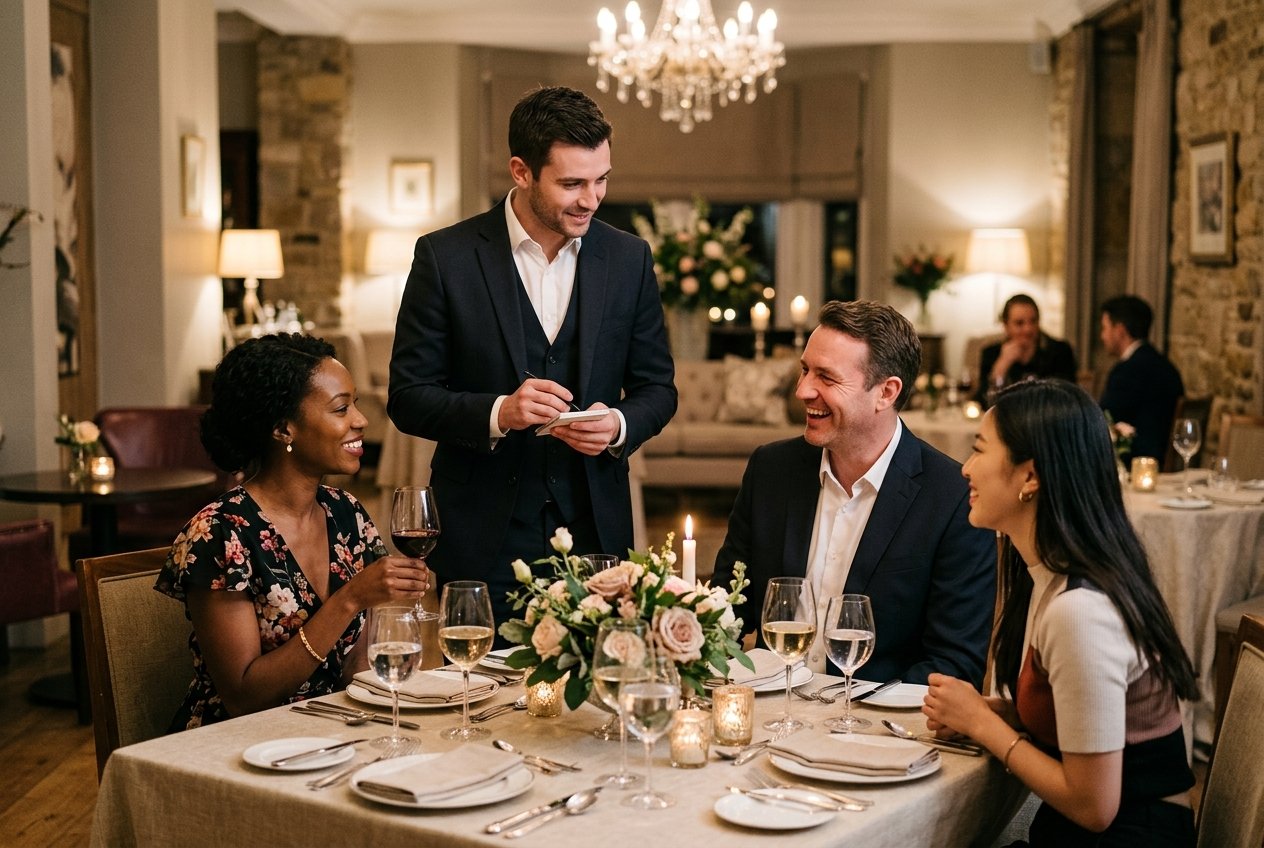 A server attentively talking to guests at an elegantly set table during a private event in an intimate indoor venue.