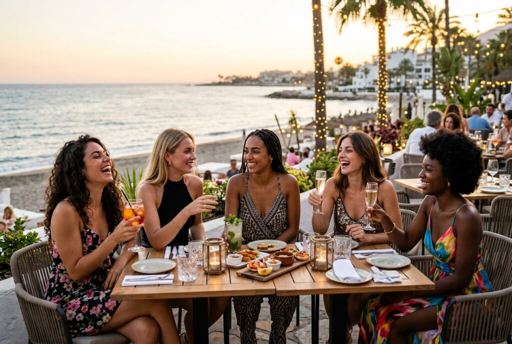 A group of young women enjoying an evening together outdoors at a beachside bar in Marbella.