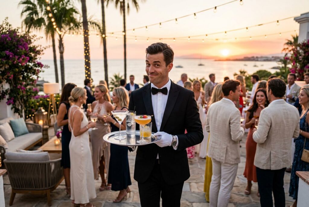 A cheeky butler in a tuxedo holding a tray of cocktails at an outdoor party in Marbella during sunset.