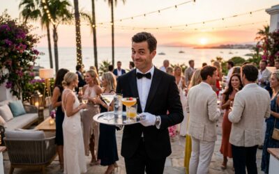 A cheeky butler in a tuxedo holding a tray of cocktails at an outdoor party in Marbella during sunset.