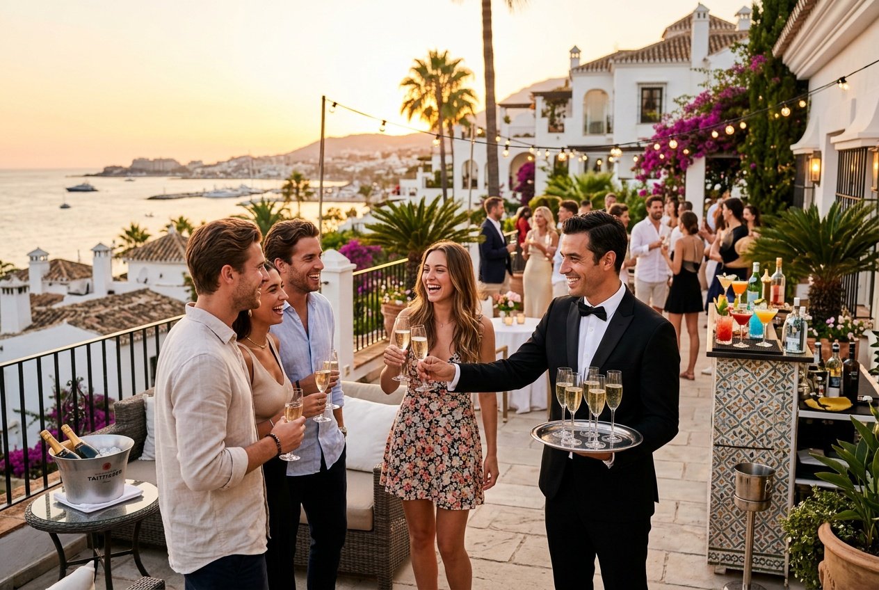A butler serving champagne to a group of people enjoying a party on an outdoor terrace in Marbella at sunset.