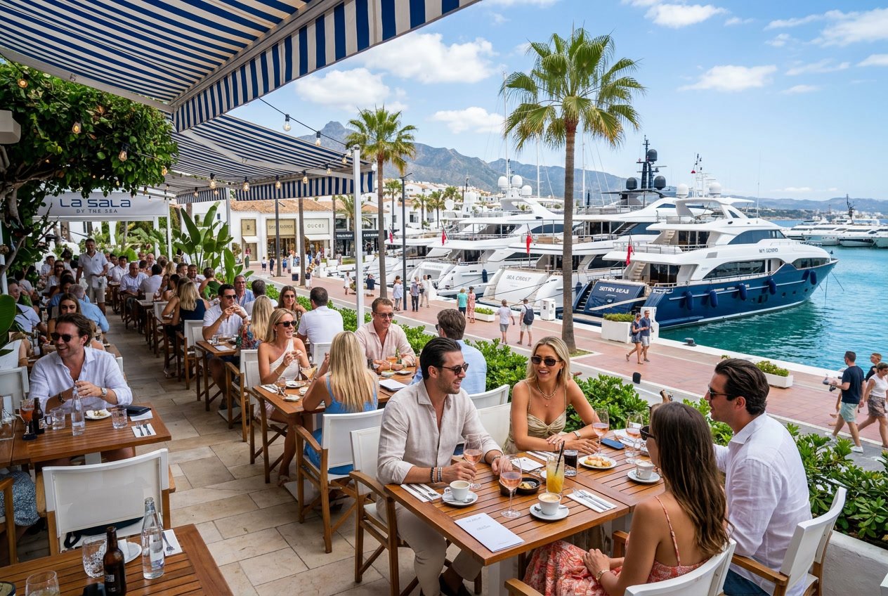 Outdoor café terrace in Puerto Banús with people socialising, yachts in the marina, palm trees, and shops along the promenade on a sunny day.