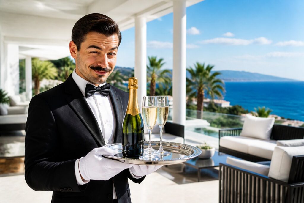 A smiling butler in a tuxedo holding a tray with champagne glasses on a terrace overlooking the sea.