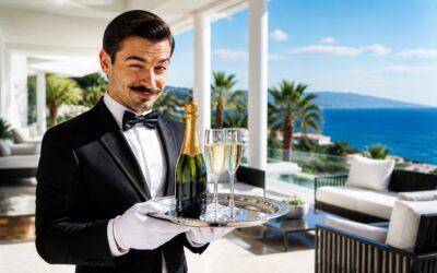 A smiling butler in a tuxedo holding a tray with champagne glasses on a terrace overlooking the sea.
